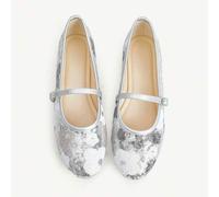 Shein Zapatos Mary Jane de lentejuelas plateadas estilo francés para mujer, nuevos de verano, de vamp bajo, suela plana y hebilla, zapatos de ballet