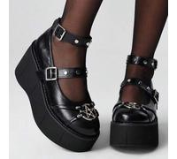 Shein Zapatos Mary Jane de plataforma gruesa para mujer, puntera redonda con cierre de tobillo ajustable, estilo gótico punk con decoración de estrella redo