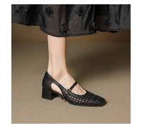 Shein Zapatos Mary Jane de punta cuadrada tejidos con estilo vintage francés, de tacón medio con correa, zapatos planos con correa de estilo chino para muje