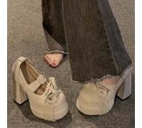 Shein Zapatos Mary Jane de tacón grueso con lazo de celebridad de Internet, nuevos zapatos de mujer suaves con suela gruesa y tacones altos con falda