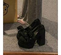 Shein Zapatos Mary Jane de tacón grueso con lazo de celebridad de Internet, nuevos zapatos de mujer suaves con suela gruesa y tacones altos con falda