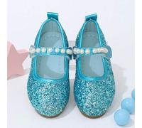 Shein Zapatos Mary Jane para niñas con brillo azul y perlas, con cierre de gancho y bucle, zapatos de princesa frescos y soñadores adecuados para todas las