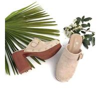 Shein Zuecos destalonados de tacón cuadrado con efecto madera, combinando elegancia, frescura y sofisticación en un diseño moderno y distintivo