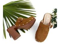 Shein Zuecos destalonados de tacón cuadrado con efecto madera, combinando elegancia, frescura y sofisticación en un diseño moderno y distintivo