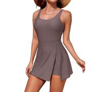 SHEKINI Baño Enterizo de Mujer con Falda y Bolsillo Bañador Enterizo Ajustado y Adelgazante con Escote en U Pantalones Cortos Integrados