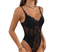 SHEKINI Body de mujer de malla transparente Sheer Mesh Bodysuit profundo cuello en V elegante Jumpsuit ajustado una pieza Sexy Lencería Mono Basic Cami Camisas Going Out Top, Negro , L