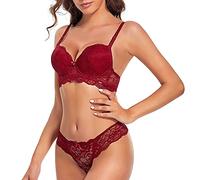 SHEKINI Conjunto de lencería para mujer, sujetador con aros de encaje, tirantes extraíbles Elegance Push Up sujetador y tanga Juego de 2 piezas, Rojo,6017, 85A
