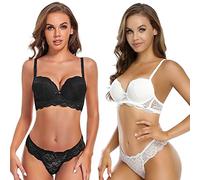 SHEKINI Conjunto de sujetador para mujer sujetador y tanga de encaje sin tirantes desmontable tirantes push up sujetador sujetador ropa interior lencería tanga conjuntos de lencería, A,6017, 85C