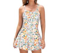 SHEKINI Mujer Bañador con Falda Traje de Baño Elegante Ruched Control Abdomen Tankini Deportivo Ajustable Falda de Baño de Una Pieza（S，Naranja-Violeta）