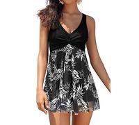 SHEKINI Mujer Traje de Baño con Falda Una Pieza Tankini Hálter Elegante Bikini Conjunto de Malla Bañador con Falda de Una Pieza con Seguridad Shorts（Negro Q，M