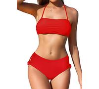 SHEKINI Mujer Traje de Baño de Dos Piezas Bandeau Ajustable Acolchado Bikini Top Sexy Halter Bikini Set Cintura Alta Control Abdomen Parte Inferior de Bikini(S,Roja)