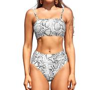 SHEKINI Mujer Traje de Baño Dos Piezas Bandeau Acolchado Sexy Ajustable Bikini Top Mujer Bikini Set Cintura Alta Control Abdomen Parte Inferior de Bikini (XL, Piel Serpiente)