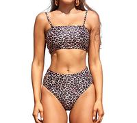SHEKINI Mujer Traje de Baño Dos Piezas Bandeau Acolchado Sexy Ajustable Bikini Top Mujer Bikini Set Cintura Alta Control Abdomen Parte Inferior de Bikini (M, Leopardo)