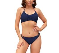 SHEKINI Mujer Traje de Baño Dos Piezas Bandeau Ajustable Acolchado Bikini Top Cintura Baja Triángulo Sexy Parte Inferior de Bikini de Swimwear(Large, Azul Oscuro)