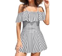SHEKINI One Piece Swimsuit for Women V Neck Swimwear Ruched Tummy Control Back Cross Retro Swimming Costume with Skirt, Negro-B, M