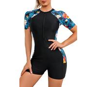 SHEKINI Rashguard para Mujer de Una Pieza con Mangas Cortas - Protección UV Surfwear con Cremallera Frontal a Media Altura, XXL