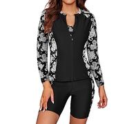 SHEKINI Ropa de Surf para Mujer Rash Guard para Mujer Manga Larga con Cremallera Top Deportivo Tankini para Mujer 3 Piezas Pantalones Cortos de Surf, Negro-A, XL