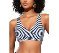 SHEKINI Top de Bikini para Mujer con Espalda Abierta Plisada Cruzada Push Up Cuello en V Ajustable Ropa de Playa（M，Raya）