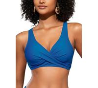 SHEKINI Top de Bikini para Mujer con Espalda Abierta Plisada Cruzada Push Up Cuello en V Ajustable Ropa de Playa（L，Azul-A）