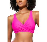 SHEKINI Top de Bikini para Mujer con Espalda Abierta Plisada Cruzada Push Up Cuello en V Ajustable Ropa de Playa（M，Rosa）