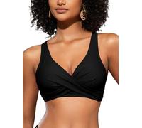 SHEKINI Top de Bikini para Mujer con Espalda Abierta Plisada Cruzada Push Up Cuello en V Ajustable Ropa de Playa（L，Negro-A）