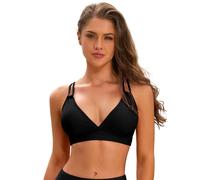 SHEKINI Top de Bikini Plisado Ajustable con Cuello en V y Doble Correa en La Espalda para Mujer（S，Negro）