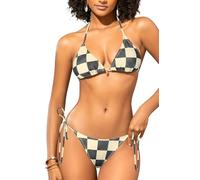 SHEKINI Traje de baño brasileño de Dos Piezas para Mujer Conjunto de Bikini triángulo Halter Traje de baño con Lazo Lateral（M，Rejilla de Albaricoque Negro）