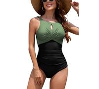 SHEKINI Traje de baño de una Pieza para Mujer,Traje de baño Control de Abdomen (FR/ES, Letras, L, Regular, Regular, GL Negro+Verde)