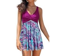 SHEKINI Traje de Baño Elegante de Una Pieza para Mujer con Falda, Ruffle, Acolchado, Malla Elástica, Estampado, Control de la Pancita, Talla Grande, M