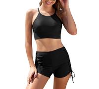 SHEKINI Trajes de baño de 2 piezas para mujer, bikini cruzado, control de abdomen, corbata lateral, Negro , L