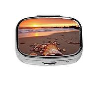 Shell Beach Sunset Pastillero organizador de píldoras de metal portátil para bolsillo o bolso, organizador decorativo de medicamentos, contenedor de vitaminas