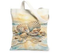 Shells - Bolsa de lona para mujer, costera, natural, playa, océano, verano, beige, lavable, reutilizable, ideal para la familia F, Beige, 13x15 Inch