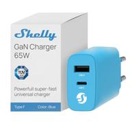 Shelly GAN Charger 65W Azul - Cargador de Doble Puerto USB-C, USB-A | PD 3.0 y PPS, Tecnología GaN, TÜV SÜD, Tipo EU CEE 7/16