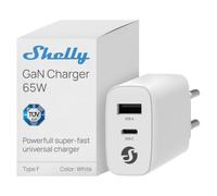 Shelly GAN Charger 65W Blanco - Cargador de Doble Puerto USB-C, USB-A | PD 3.0 y PPS, Tecnología GaN, TÜV SÜD, Tipo EU CEE 7/16