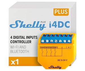 Shelly Plus i4 DC - Controlador Inteligente WiFi Y Bluetooth, por Control Remoto De Dispositivos Inteligentes, Conmutador De 4 Botones, 5-24V DC, Control Remoto con Aplicación, iOS, Android