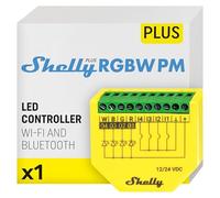 Shelly Plus RGBW PM, Módulo controlador RGBW para tiras LED Wi-Fi y Bluetooth, 12-24 VDC, Medidor de consumo eléctrico integrado, Dimmer luces regulables, No necesita hub, Aplicación iOS Android