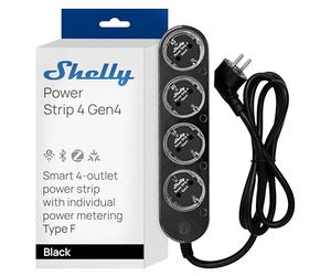 Shelly Power Strip 4 Gen4 Negro - Regleta de enchufes Zigbee y Matter de 150 cm, Tipo F, con 4 Tomas de corriente (3680 W), Protección sobretensiones, Control por voz con Apple HomeKit, Alexa y Google