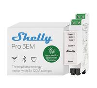 Shelly Pro 3EM 120A V2 - Medidor de Consumo Trifásico en Carril DIN 100-260 V, Matter, Wi-Fi, LAN y Bluetooth, Sin Hub Requerido, 3 CTA x120A, Medición Fotovoltaica Bidireccional, Historial 60 Días