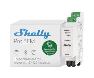 Shelly Pro 3EM 120A V2 - Medidor de Consumo Trifásico en Carril DIN 100-260 V, Matter, Wi-Fi, LAN y Bluetooth, Sin Hub Requerido, 3 CTA x120A, Medición Fotovoltaica Bidireccional, Historial 60 Días