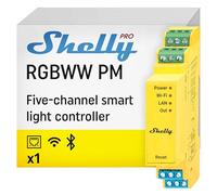 Shelly Pro RGBWW PM - Módulo controlador para tiras LED CCT y RGB inalámbrico, con LAN y Wi-Fi, 5 canales (6 A/canal, 12-24 VDC), sin Hub, En carril DIN, Con medición del consumo eléctrico