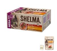 Shelma Pienso húmedo para Gatos Carne Megapack con variedades de Vacuno, Pavo, Pollo y Pato, pienso Completo sin Cereales con Alto Contenido de Carne, 40 x 85 g (3,4 kg)