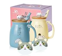 SHENDONG Juego de 2 tazas de café de cerámica con tapa de bambú kawaii y cuchara, tazas de café con leche y té, tazas 3D para amantes de los gatos, regalos para mujeres (azul y amarillo)
