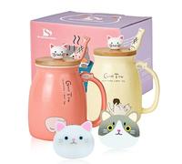 SHENDONG Juego de 2 tazas de café de cerámica con tapa de bambú kawaii y cuchara, tazas de café con leche y té, tazas 3D para amantes de los gatos, regalos para mujeres (rojo y amarillo)