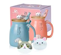 SHENDONG Juego de 2 tazas de café de cerámica con tapa de bambú kawaii y cuchara, tazas de café, leche, té, tazas 3D para amantes de los gatos, regalos para mujeres (azul y rojo)