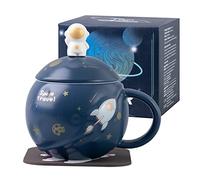SHENDONG Kawaii - Taza de astronauta en relieve espacial, bonita taza de café de cerámica, taza de mañana novedosa con tapa y cuchara kawaii para café, taza espacial para niñas,amigos, azul profundo