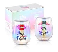 SHENDONG Mr Right Mrs Always Right - Copas de vino para parejas, regalos para pareja, compromiso, boda, regalos Navidad para novia, novio, día de San Valentín, paquete de 2 unidades, 15 onzas
