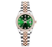 SHENGKE Las Mujeres de Cristal Acentuado con Banda de Acero de aleación sólida Reloj Elegante Vestido de Cuarzo Calendario Relojes para Mujer (Rosegold-Verde)