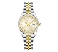 SHENGKE Las Mujeres de Cristal Acentuado con Banda de Acero de aleación sólida Reloj Elegante Vestido de Cuarzo Calendario Relojes para Mujer (Plata-Oro)