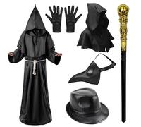 shengo Disfraz de médico de la peste para adultos, un traje medieval gótico steampunk de Halloween que incluye una capa negra y guantes perfectos como accesorios de juego de rol de Halloween para