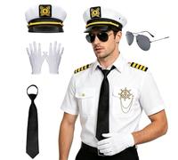 shengo Juego de 6 disfraces de capitán para Halloween, camisa de capitán, disfraz de marinero con sombrero azul marino, gafas de sol, corbata, ancla dorada, guantes, disfraces para hombre (XL)